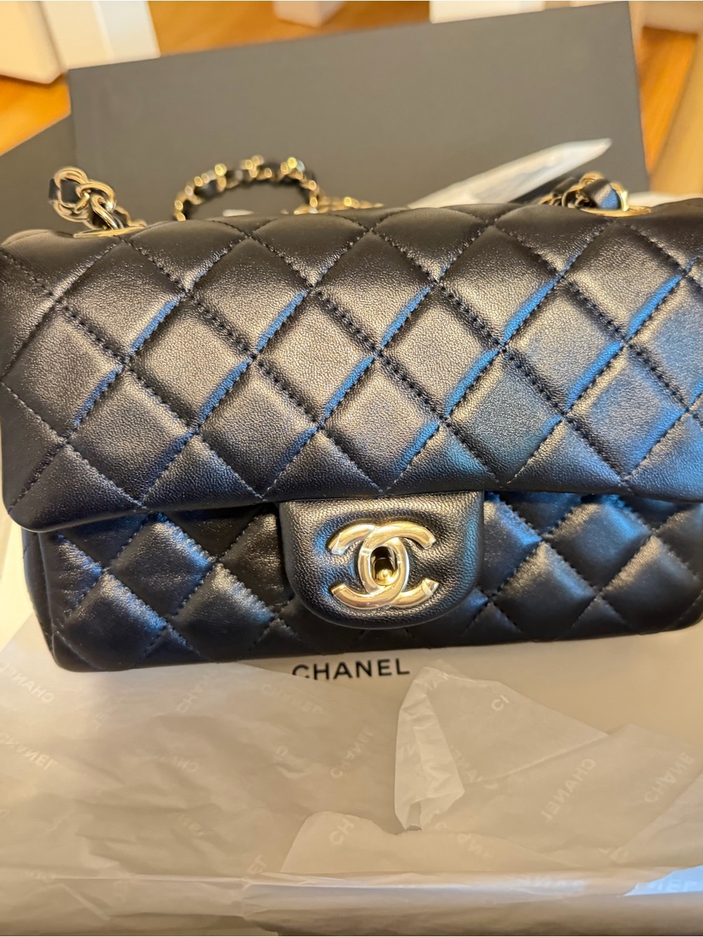 CHANEL Black Quilted Mini Flap Bag with Gold Hardware